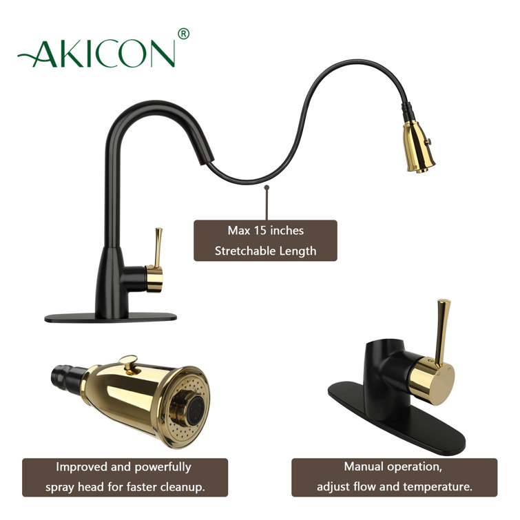 Black and Gold Brass Pull Down Kitchen Faucet with Spray