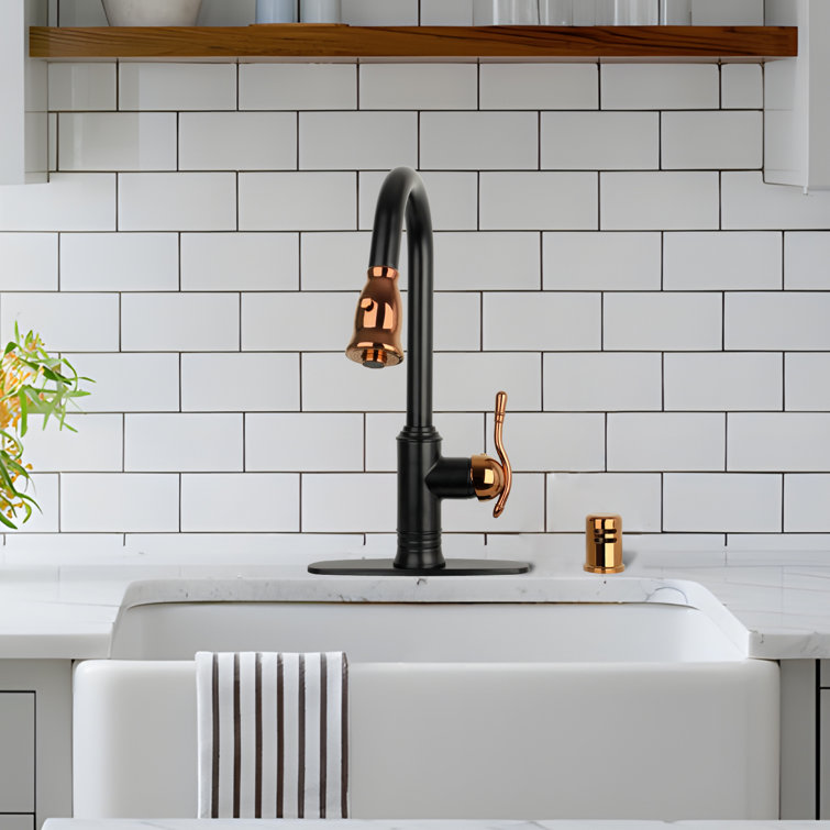 Matte Black and Rose Gold Solid Brass Kitchen Faucet with Pull-out Spray