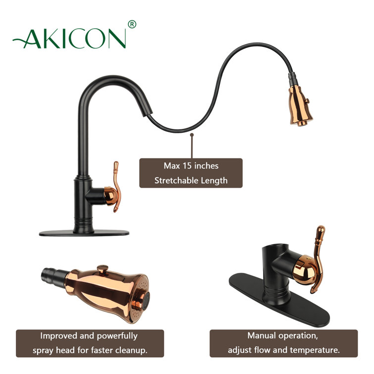 Matte Black and Rose Gold Solid Brass Kitchen Faucet with Pull-out Spray