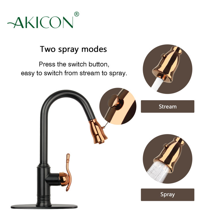 Matte Black and Rose Gold Solid Brass Kitchen Faucet with Pull-out Spray