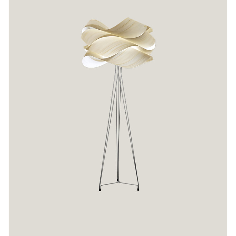 Ivory White Steel Tripod Floor Lamp with Wood Veneer Shade