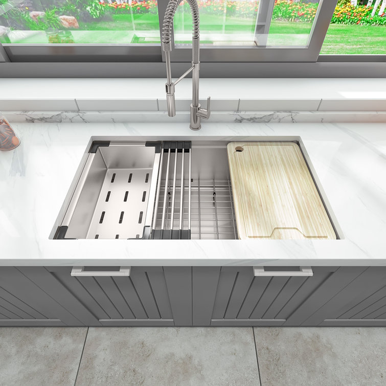 Sinber 33" Stainless Steel Double Bowl Drop-In Workstation Sink