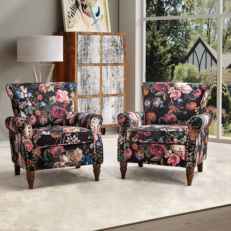 Black Floral Polyester Armchairs with Nailhead Trim, Set of 2
