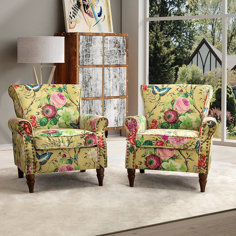 Mustard Floral Upholstered Armchairs with Nailhead Trim, Set of 2