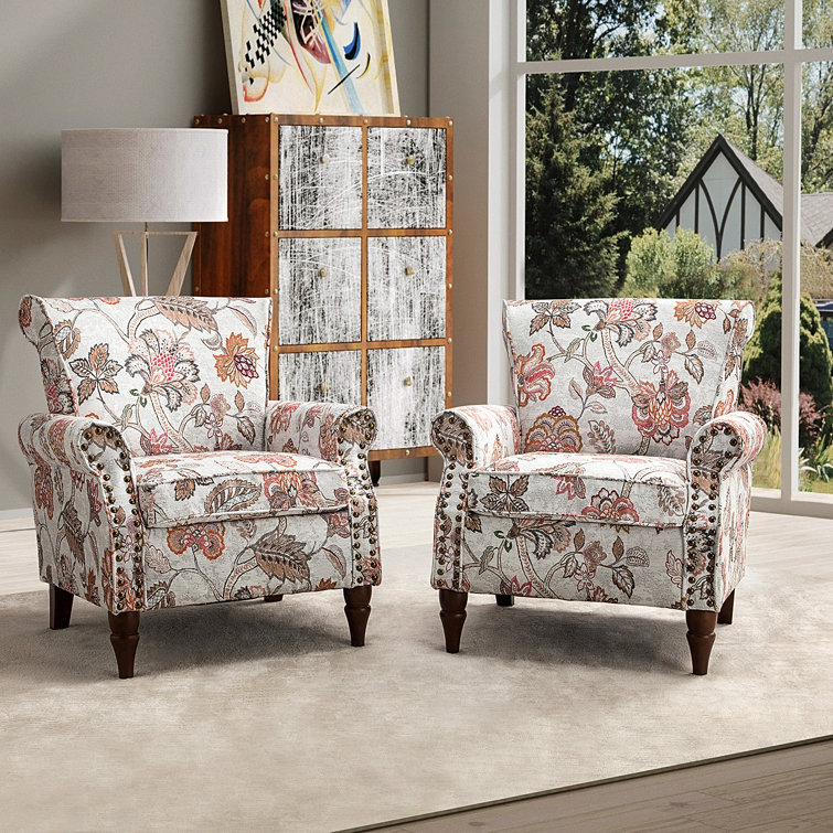 Pink Floral Polyester Armchair Set with Nailhead Trim