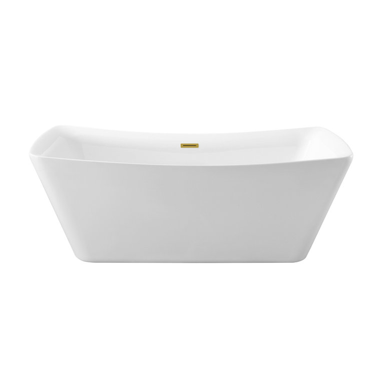 62" Glossy White Acrylic Freestanding Soaking Bathtub with Brushed Gold Hardware