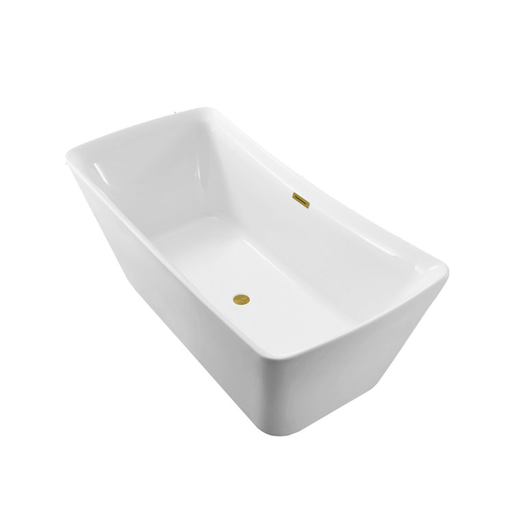 62" Glossy White Acrylic Freestanding Soaking Bathtub with Brushed Gold Hardware