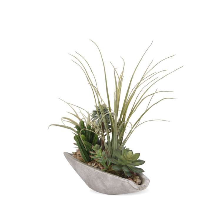 Jenny Silks 17'' Green Faux Succulent Arrangement in Cement Boat Pot