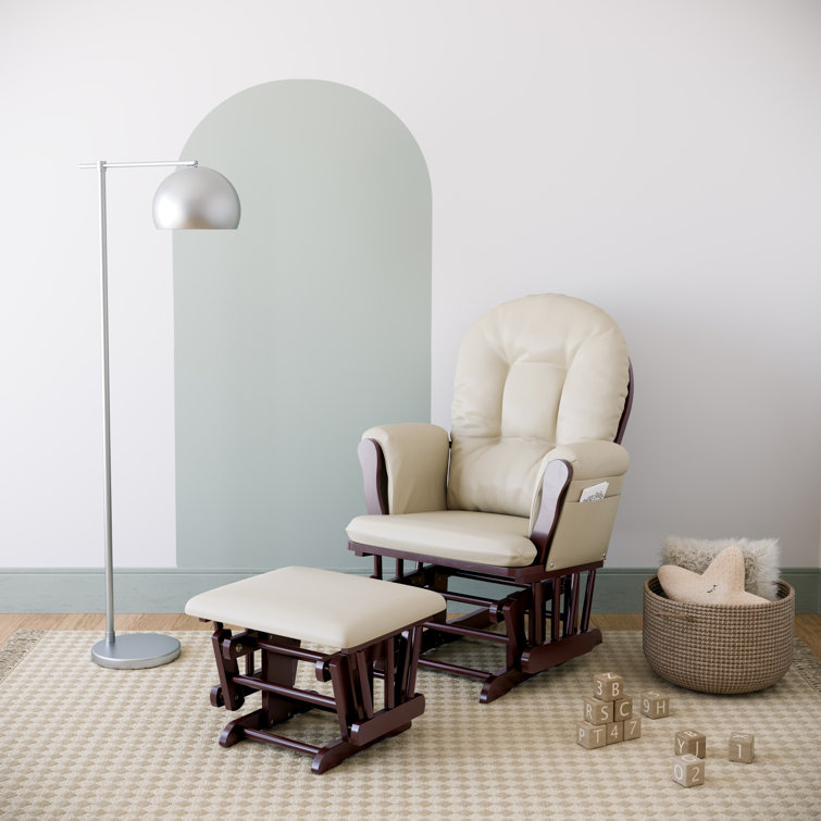 Espresso Wood Glider Chair and Ottoman with Beige Cushions
