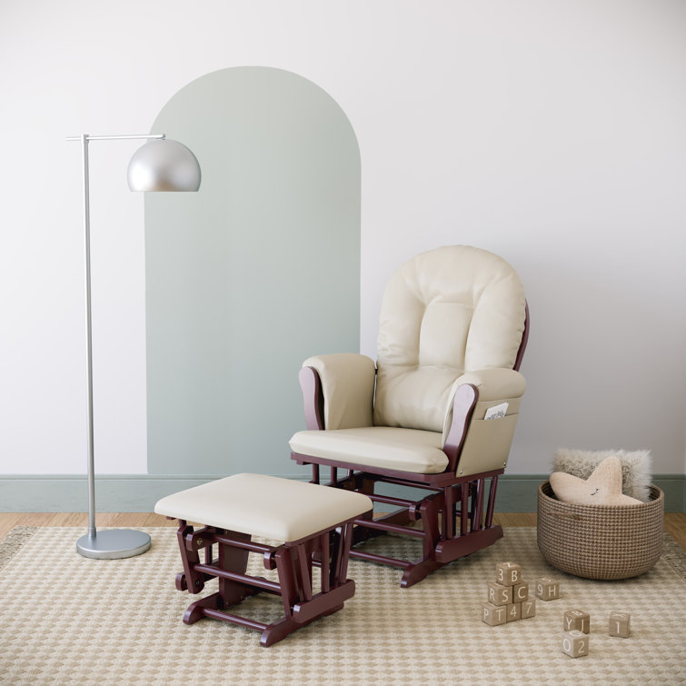 Espresso Wood Glider Chair and Ottoman with Beige Cushions