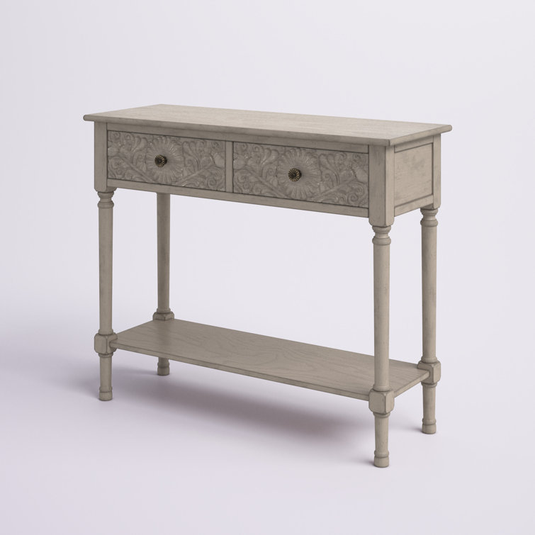 Josie Elegantly Carved Greige Wood & Metal 40'' Console Table with Storage
