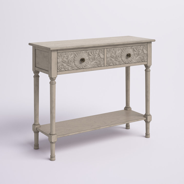 Josie Elegantly Carved Greige Wood & Metal 40'' Console Table with Storage
