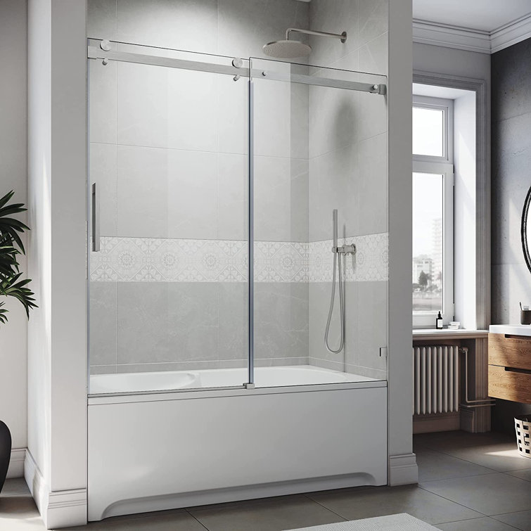 60" x 62" Frameless Brushed Nickel Sliding Tub Door
