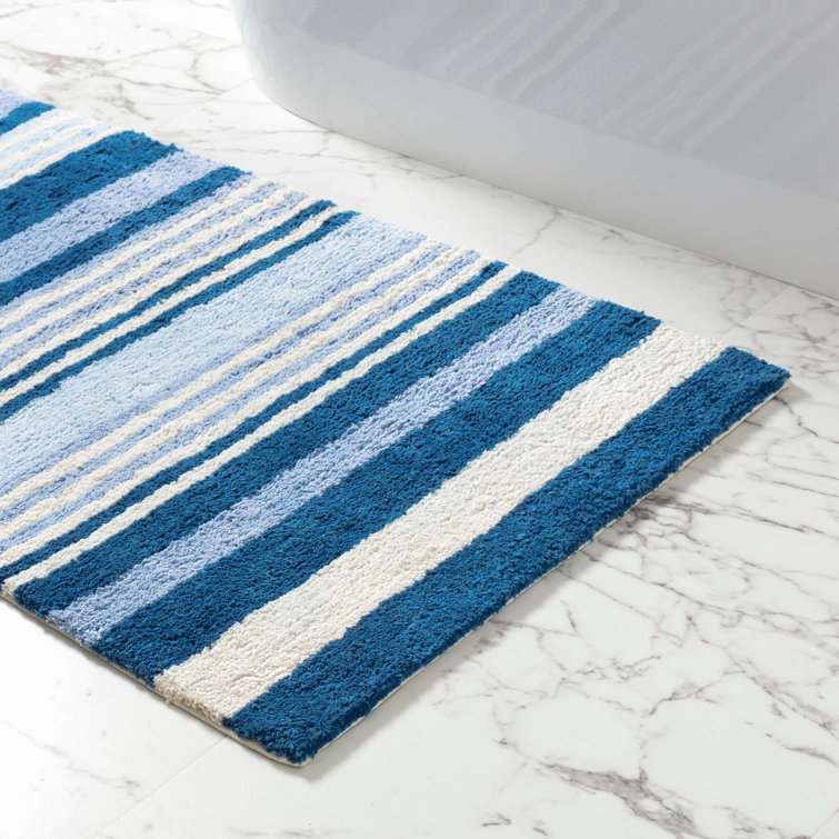 Coastal Blue and White Striped Cotton Bath Rug