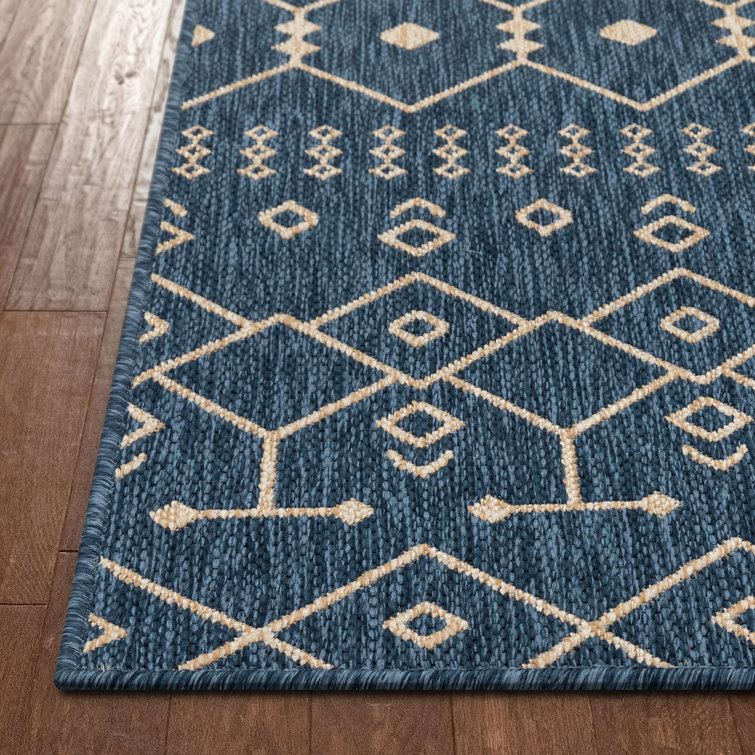 Nordic Blue and Beige Synthetic Flat-Weave Runner Rug