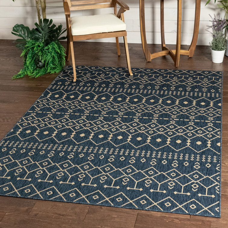 Blue and Beige Synthetic Flat-Weave Indoor/Outdoor Rug 6' x 9'