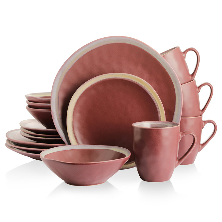 Wine Glazed Ceramic 16-Piece Dinnerware Set with Textured Accent