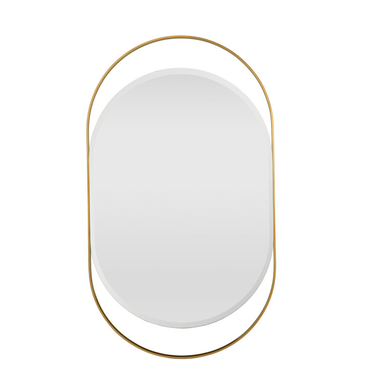 Soft Brass Oval Beveled Mirror with Leather Accents