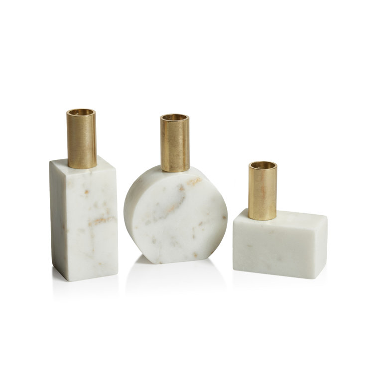 White and Gold Rectangular Marble Candle Holder with Brass Accents