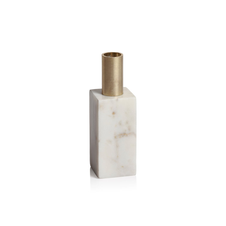 White and Gold Rectangular Marble Candle Holder with Brass Accents