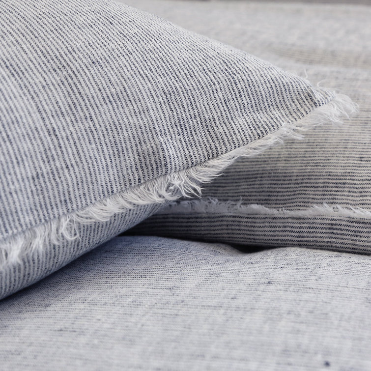 Logan Navy Stripe Linen Queen Duvet Cover with Frayed Edges