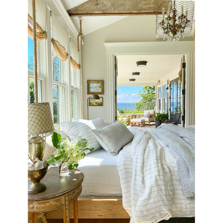 Logan Navy Stripe Linen Queen Duvet Cover with Frayed Edges