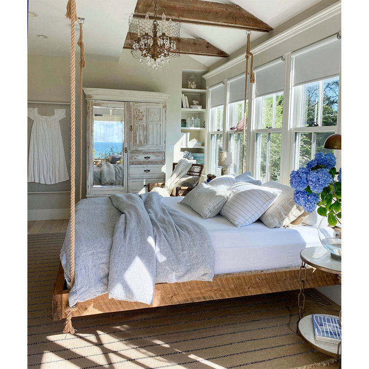 Logan Navy Stripe Linen Queen Duvet Cover with Frayed Edges
