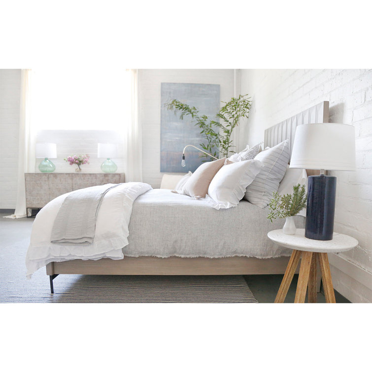 Logan Navy Stripe Linen Queen Duvet Cover with Frayed Edges