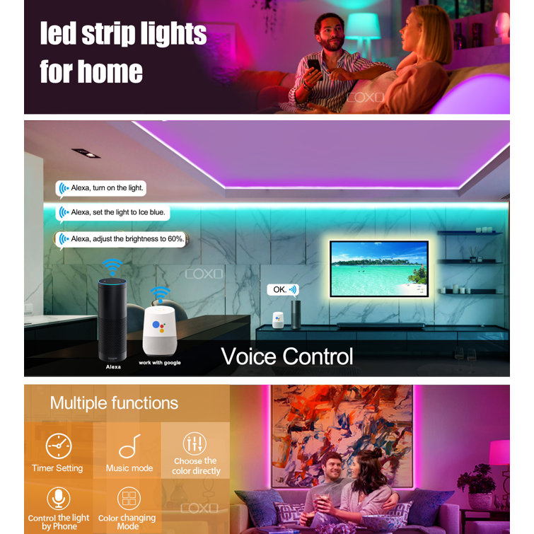 32.8ft Multi-colored Smart Wi-Fi RGB LED Strip Lights with Remote and App Control