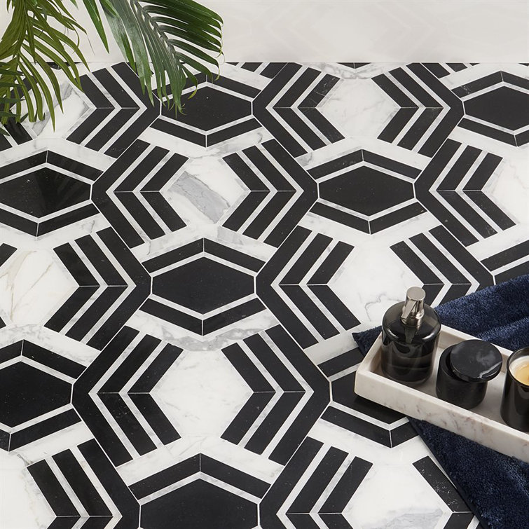 Black and White Geometric Marble Mosaic Tile for Indoor/Outdoor Use