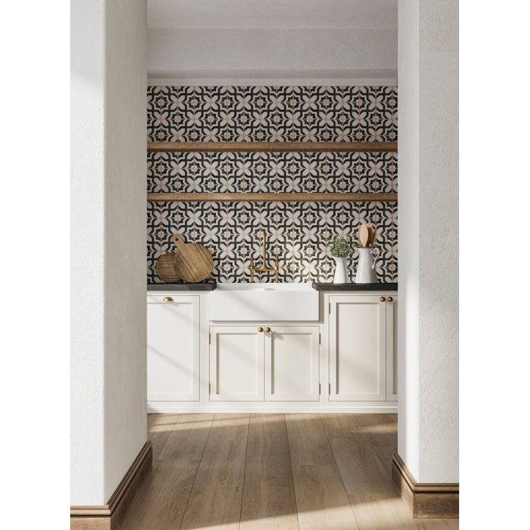 Casablanca 5" x 5" Black and White Ceramic Floor Tile