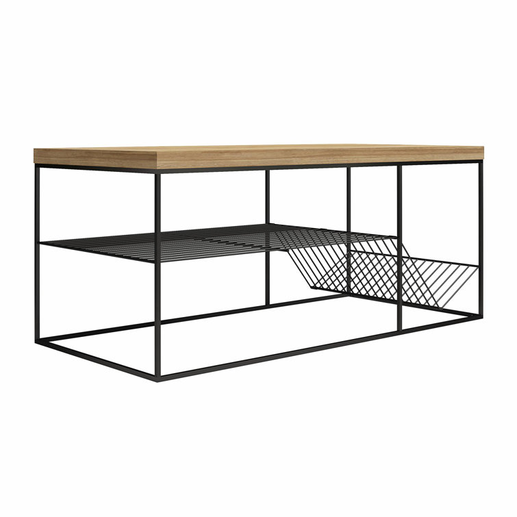 Neely Art Deco-Inspired Natural Wood & Black Metal Coffee Table with Storage