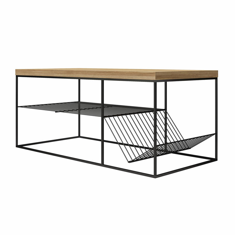 Neely Art Deco-Inspired Natural Wood & Black Metal Coffee Table with Storage