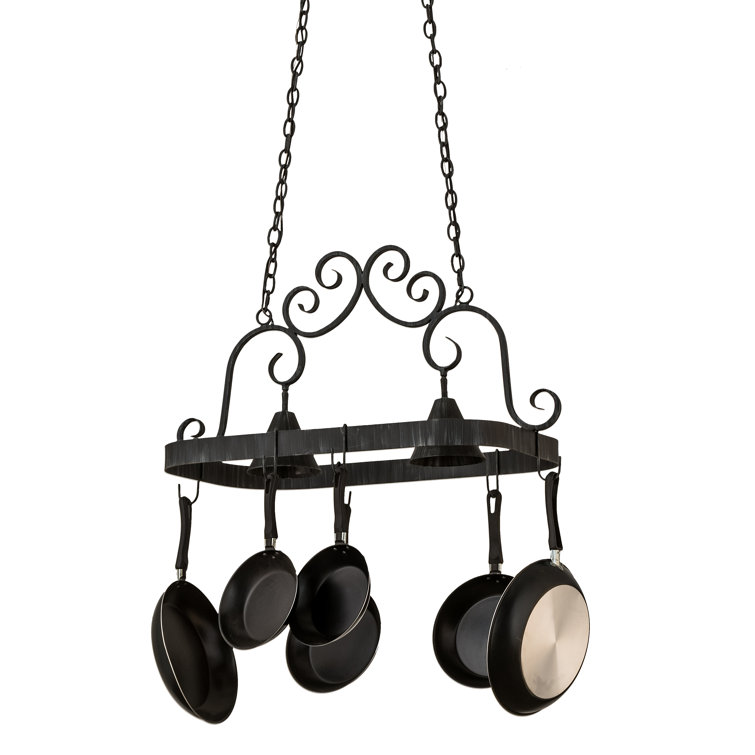 Elana Antique Iron Hanging Pot Rack with Lights