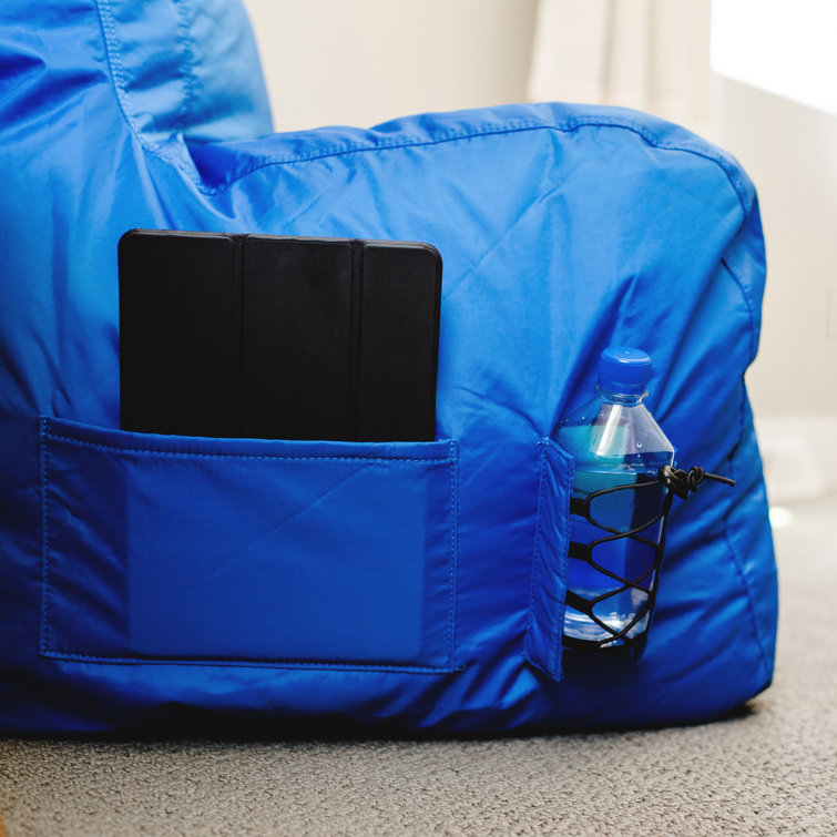 Sapphire Blue Polyester Dorm Bean Bag Chair with Drink Holder and Pocket