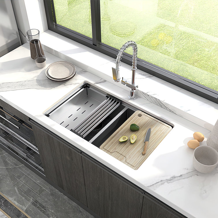 Sinber 33" Stainless Steel Double Bowl Drop-In Workstation Sink