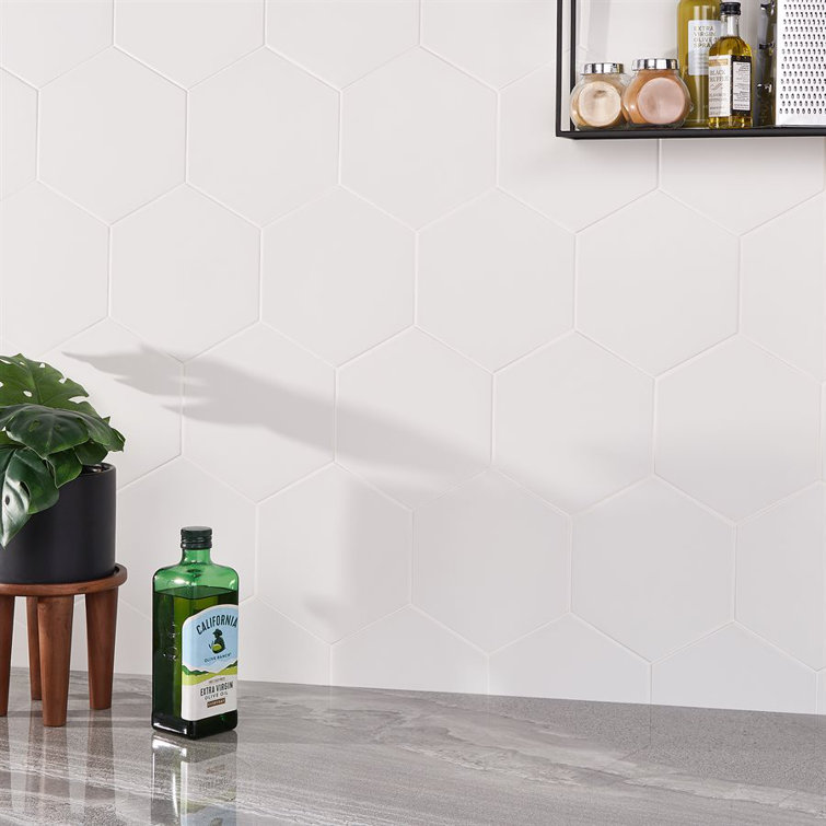 White Hexagonal Matte Porcelain Floor and Wall Tile, 8-in x 9-in