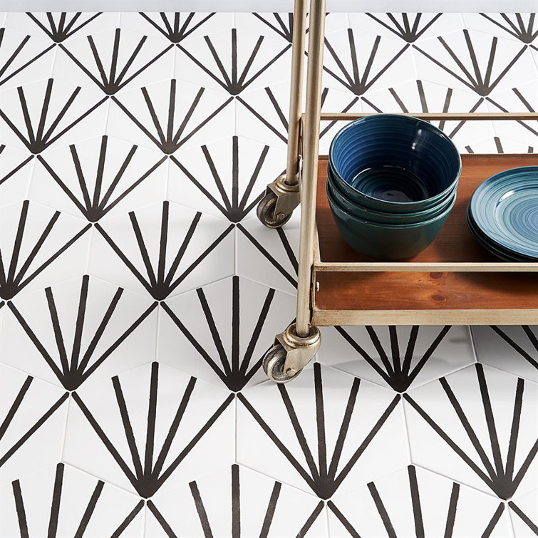 GeoHex 8" White and Black Matte Porcelain Hexagon Tile