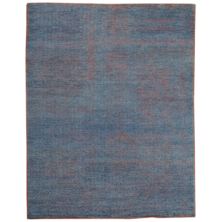 Hand-Knotted Blue Abstract Wool and Viscose Rug, 8' x 10'