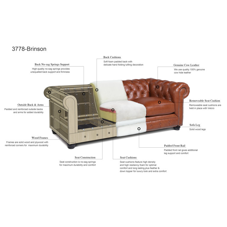 Espresso Finish 95" Grey Genuine Leather Chesterfield Sofa