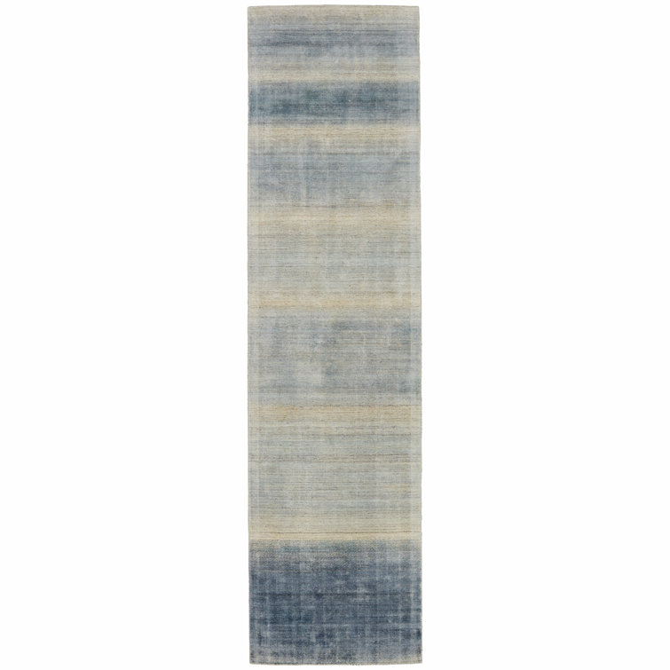 Blue Ombre Wool and Viscose 3' x 12' Runner Rug