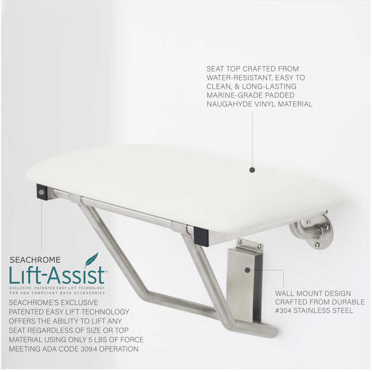 White Padded Folding Wall-Mounted Shower Seat with Stainless Steel Frame
