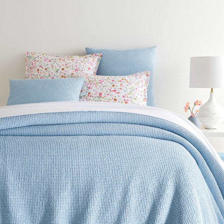 Sky Blue Cotton Waffle Weave Queen Coverlet