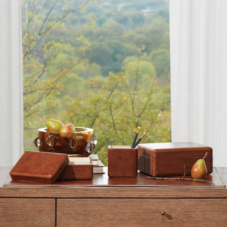 Elegant Tobacco Brown Leather Desk Organizer Box 9''