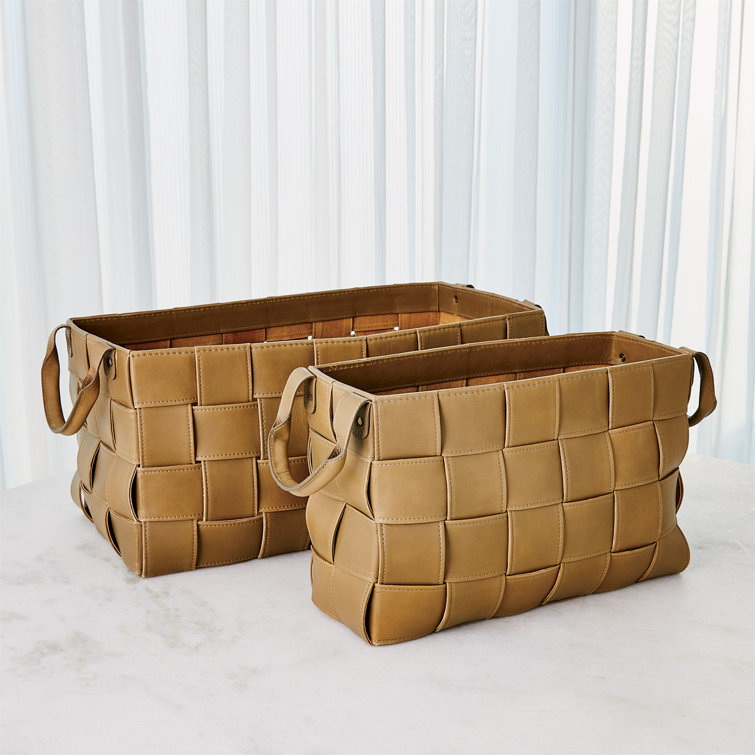 Large Putty Woven Leather Storage Basket