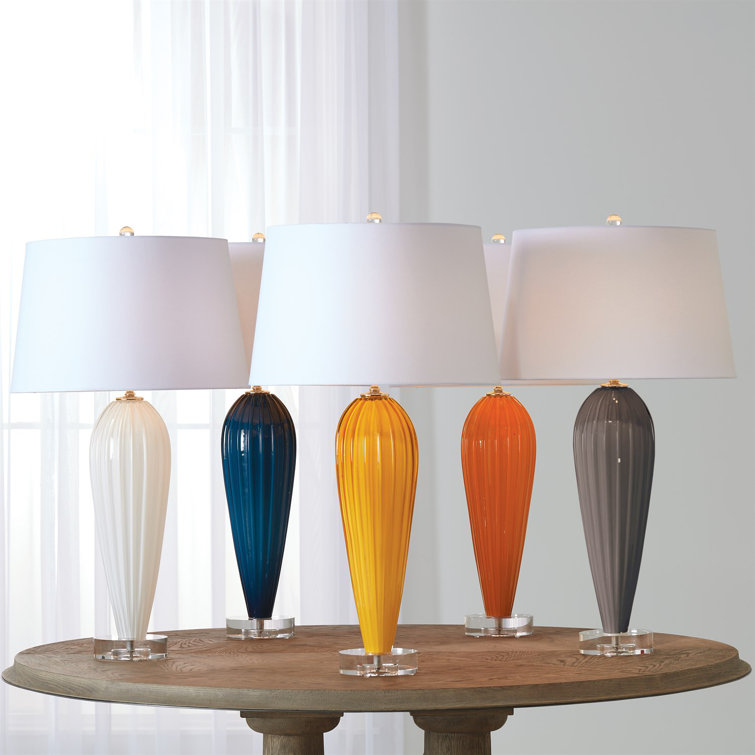 Elegant Teardrop Blue Glass Table Lamp with White Linen Shade