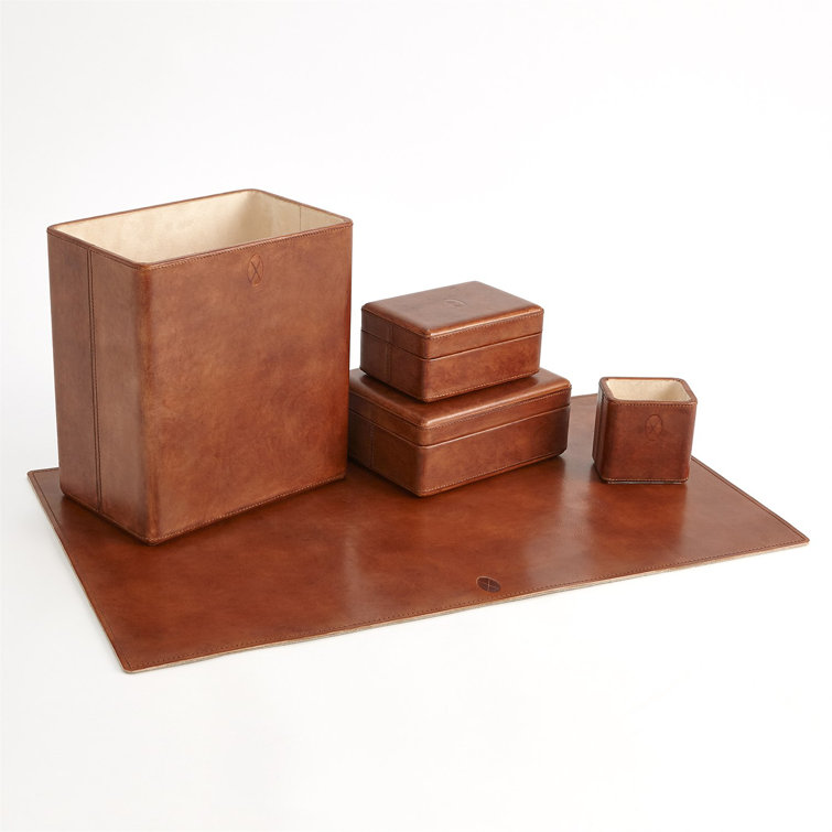 Elegant Tobacco Brown Leather Desk Organizer Box 9''