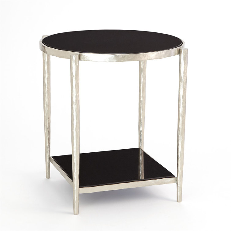 Round Black Granite and Metal Side Table with Shelf