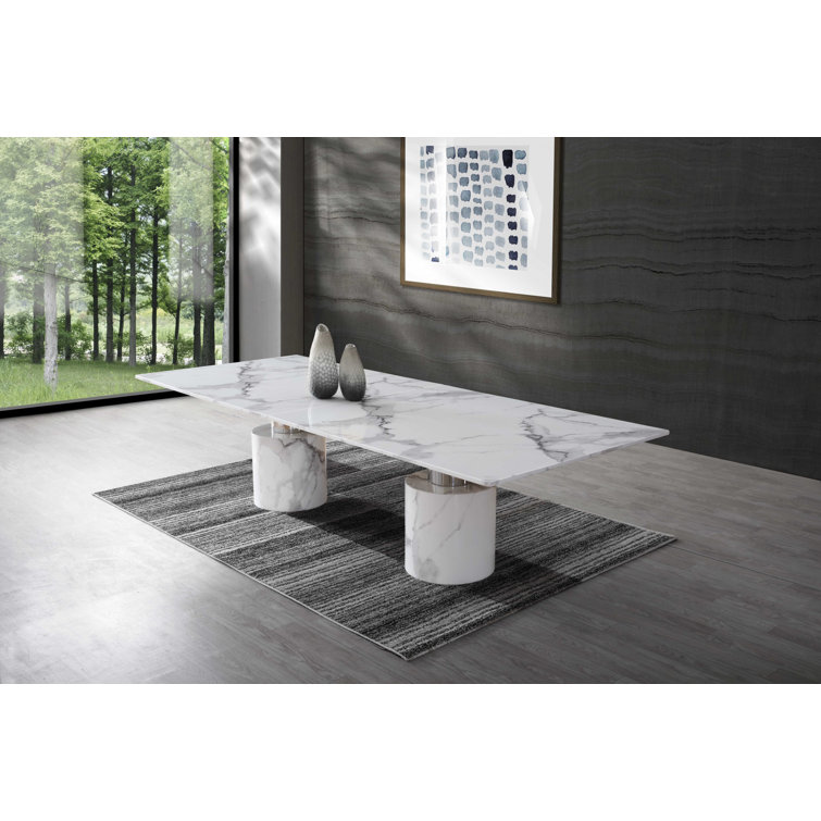 Contemporary 120" White Marble & Chrome Dining Table for Six