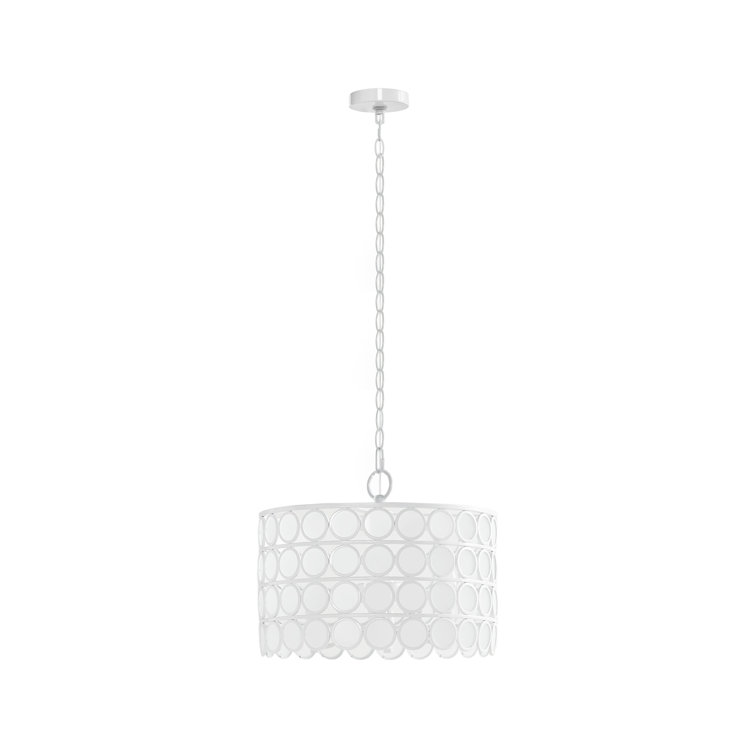 Mid-Century White Drum Shade Chandelier with Glass Accents